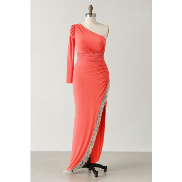 MAC DUGGAL Coral One Shoulder Dress with Fringe - Size 14W - Picture 2 of 10